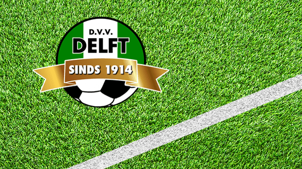 Logo voetbalclub Delft - DVV Delft - Delftse Voetbal Vereniging Delft - in kleur op grasveld met witte lijn - 600 * 337 pixels